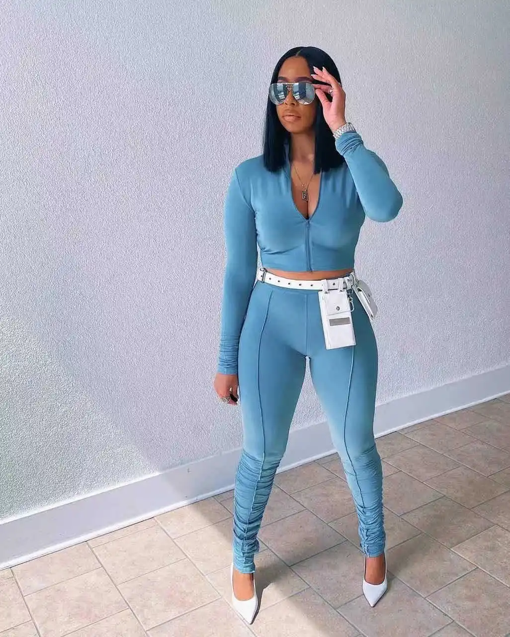 Tracksuit Women Long Sleeve Two Piece Pant Suit Zipper Stack Pant 2 Piece Pants Set
