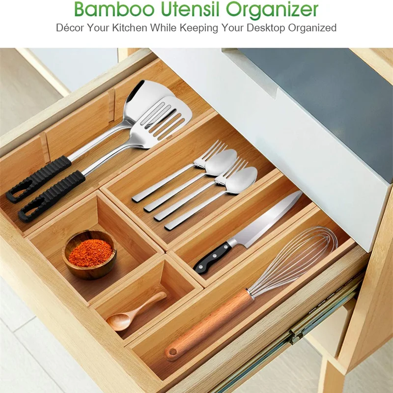 Kitchen Drawer Organizer for Utensils Grid Silverware Tray Bamboo Drawer Organizers Cutlery Storage with Removable Dividers