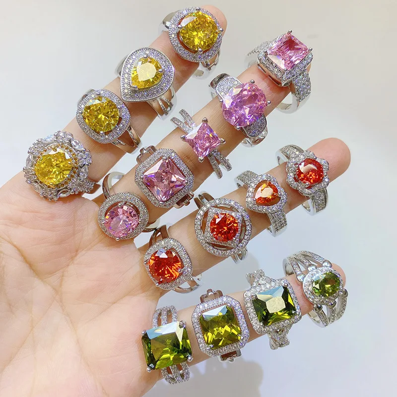 Luxury Fashion Gold Plated Colorful Gemstone round square Ring Statement Micro Inlaid Zircon CZ diamond Engagement Ring Jewelry