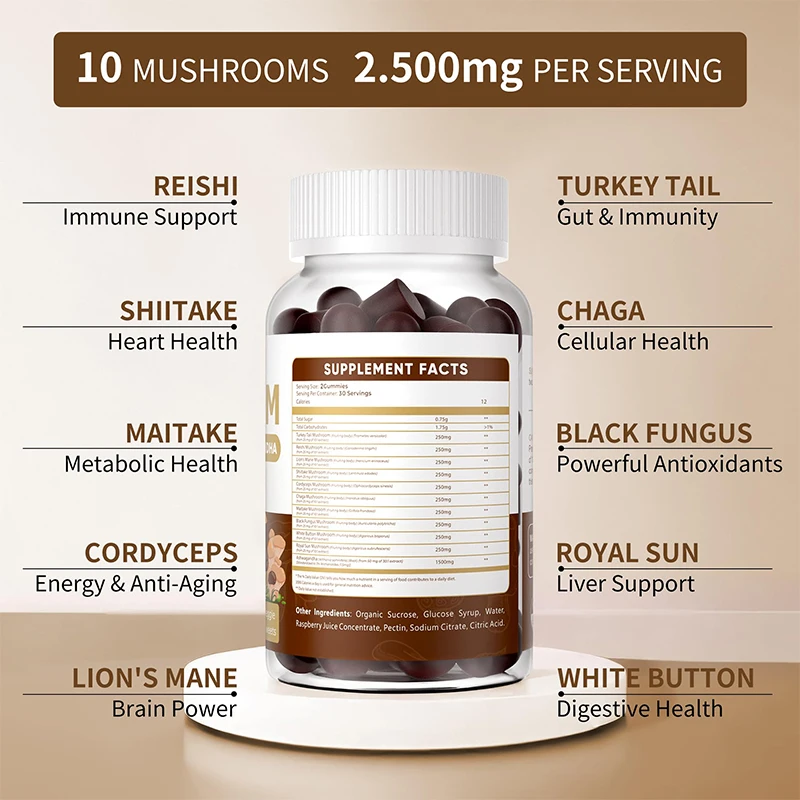 Private Label Oem Mushroom Gummies 10X Complex Mushroom Supplement Lions Mane Gummies With Ashwagandha