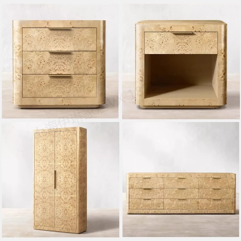 RH American Solid Wood Bedside Table Vintage Oak Tree Burr Craft Bedside Cabinet Bedroom Log Antique Drawer Locker Custom