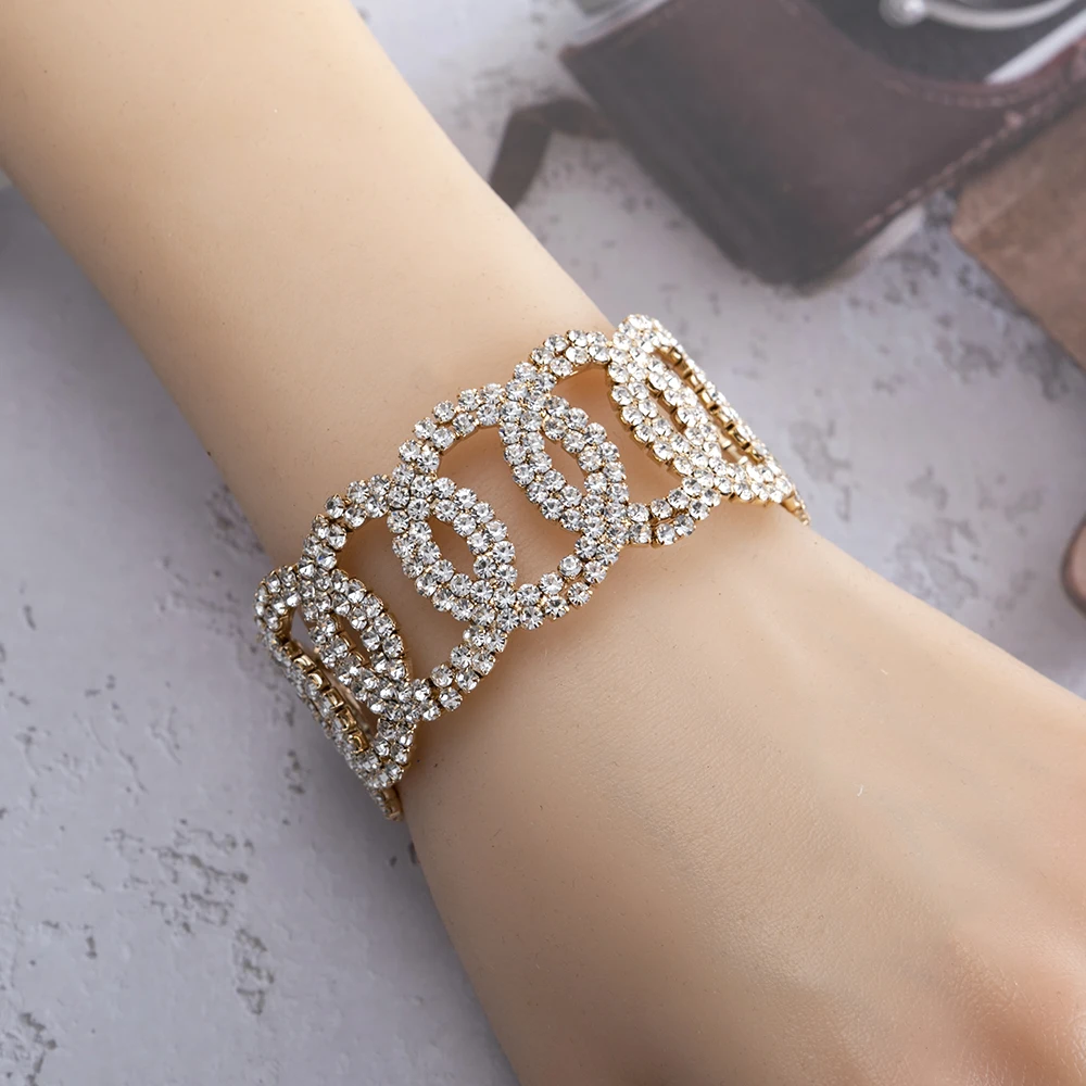 China Goods Wholesale Stainless Steel Cut Diamond Bangle Geometric Gold Open Rhinestones Cuff Bracelets Women Copper Jewelry