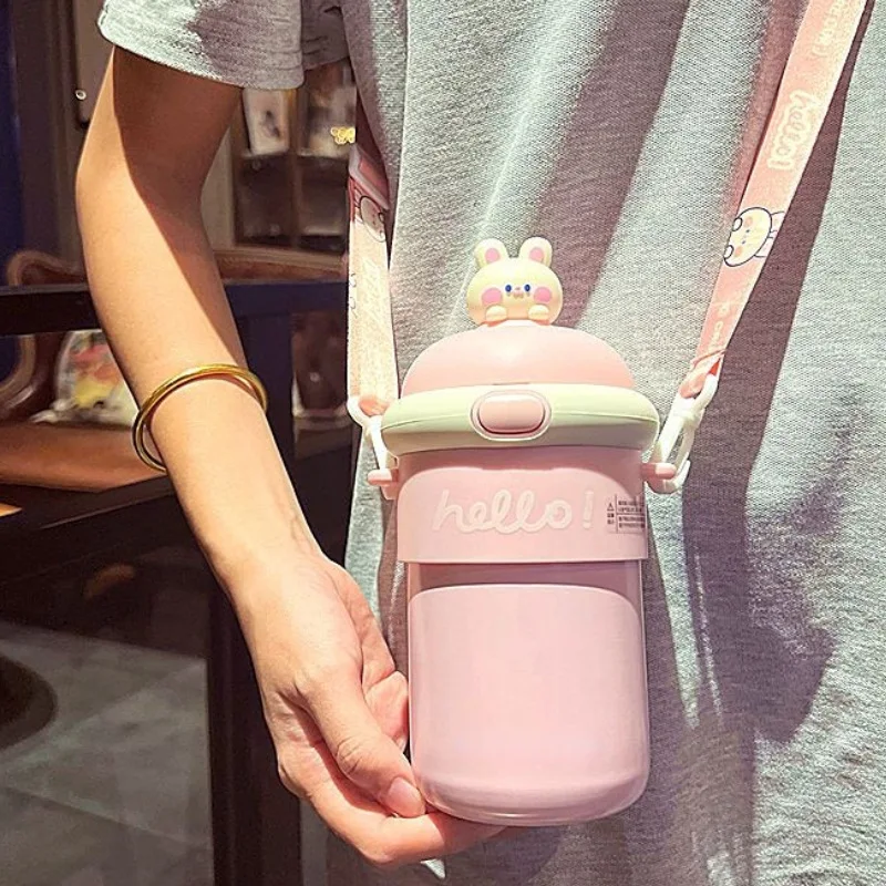 Portable 500ML Cute Animal Kids Insulated Glass Water Thermos Cup Drinking Bottle With Straw
