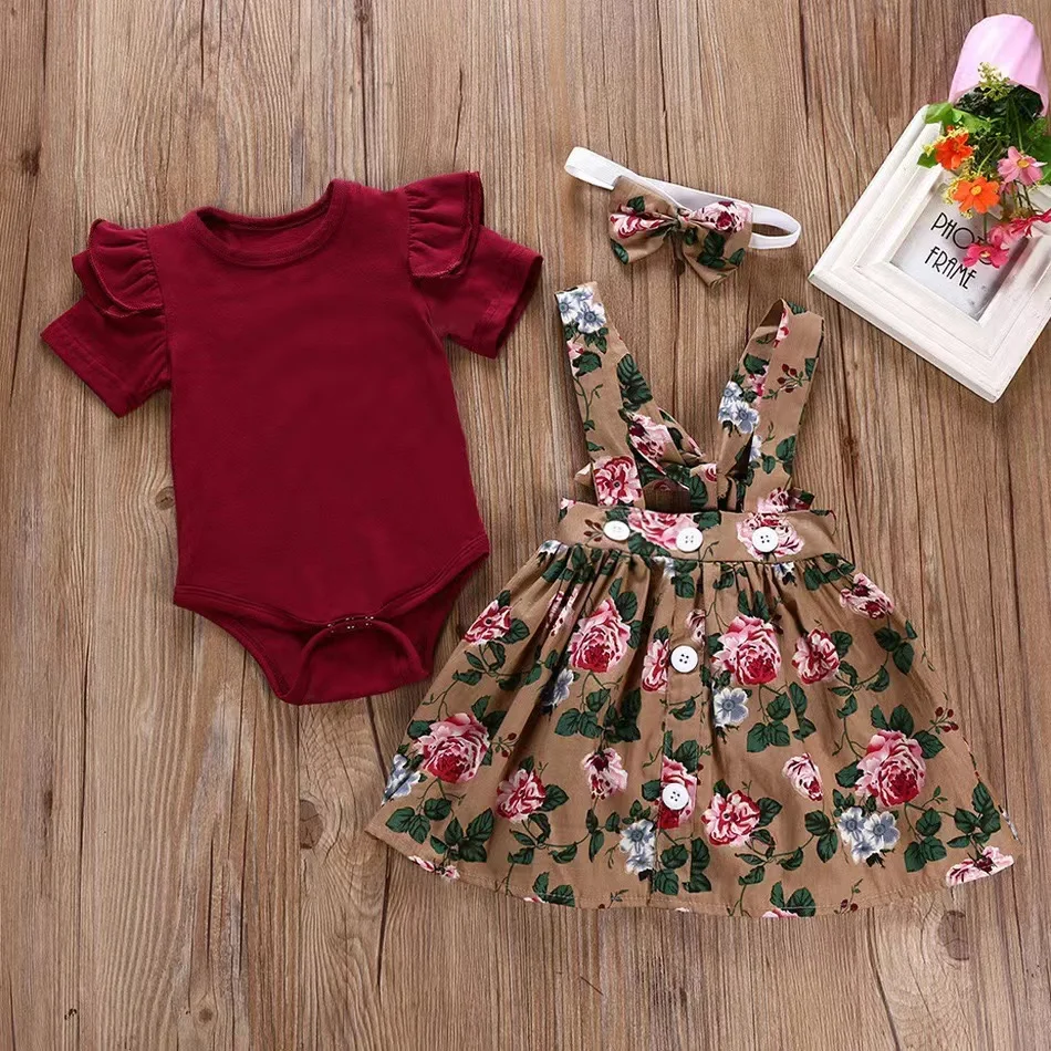 Popular baby girl dress small floral print suspender skirt two-piece set