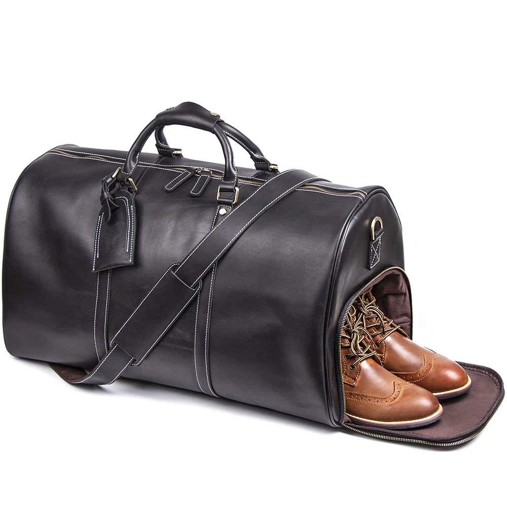 Vintage 24inch quality vegan leather black leather duffel bags large for travel