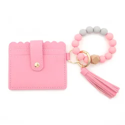 Key Ring Silicone Bead Bracelet with Card Wallet Pu Leather Bracelet with Tassel Wristlet Keychain Bracelet Wallet