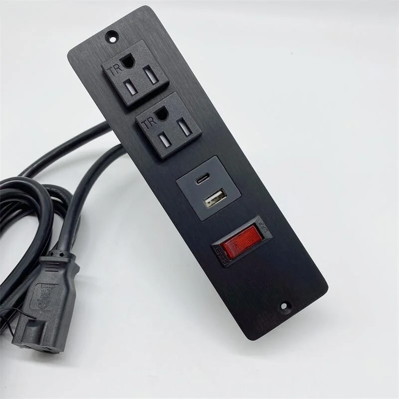 US power outlet Aluminum Alloy panel desktop USB--C led light switch cabinet socket /Recessed mounted table top us panel socket
