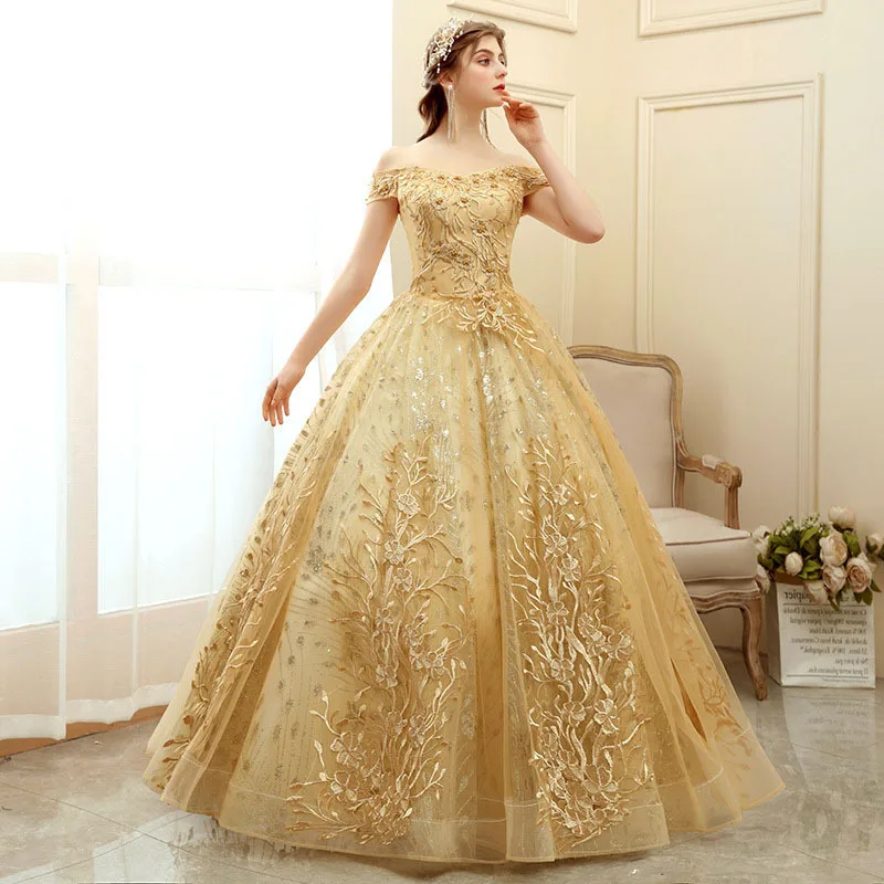 Flower Embroidered Banquet Shiny Sequins Plus Size Evening Gowns Long Dress Off Shoulder Gold Wedding Dresses Ball Gown