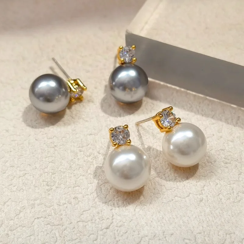 2024 Waterproof Stainless Steel Gold Pearl Stud Earrings Rhinestone Pearl Earrings for Women
