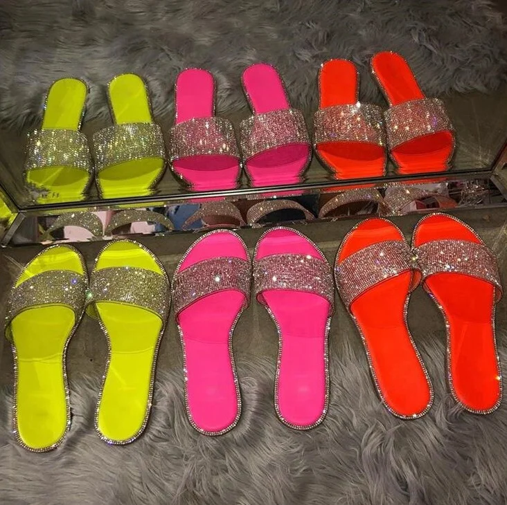 
Custom Logo Latest Girls Open Toe Flat Slides Colorful Jelly Sequin Diamond Rhinestone Fancy Slippers Slides For Women In Stock 