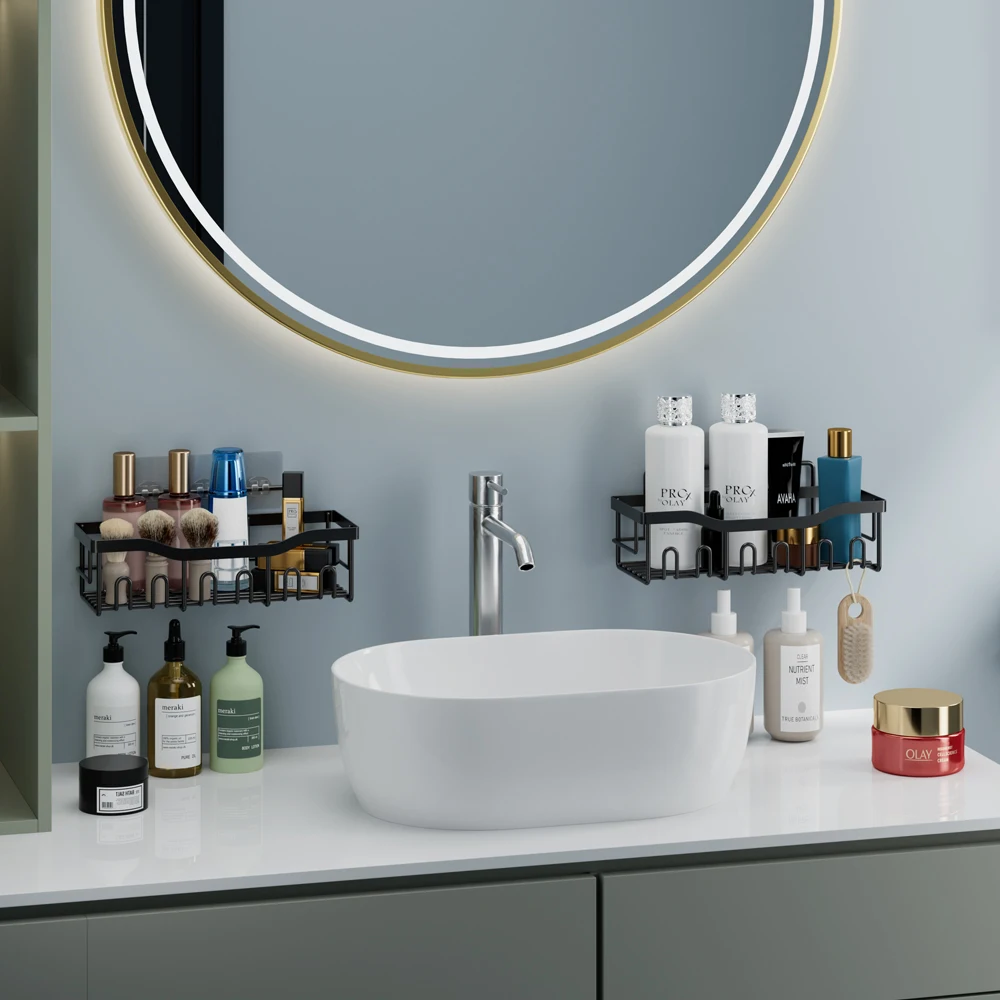 Set 6 Modern Wall Mounted Adhesive Shower Caddy Black Stainless Steel Bathroom Organizer Corner Mounted Bathroom Washroom Shower