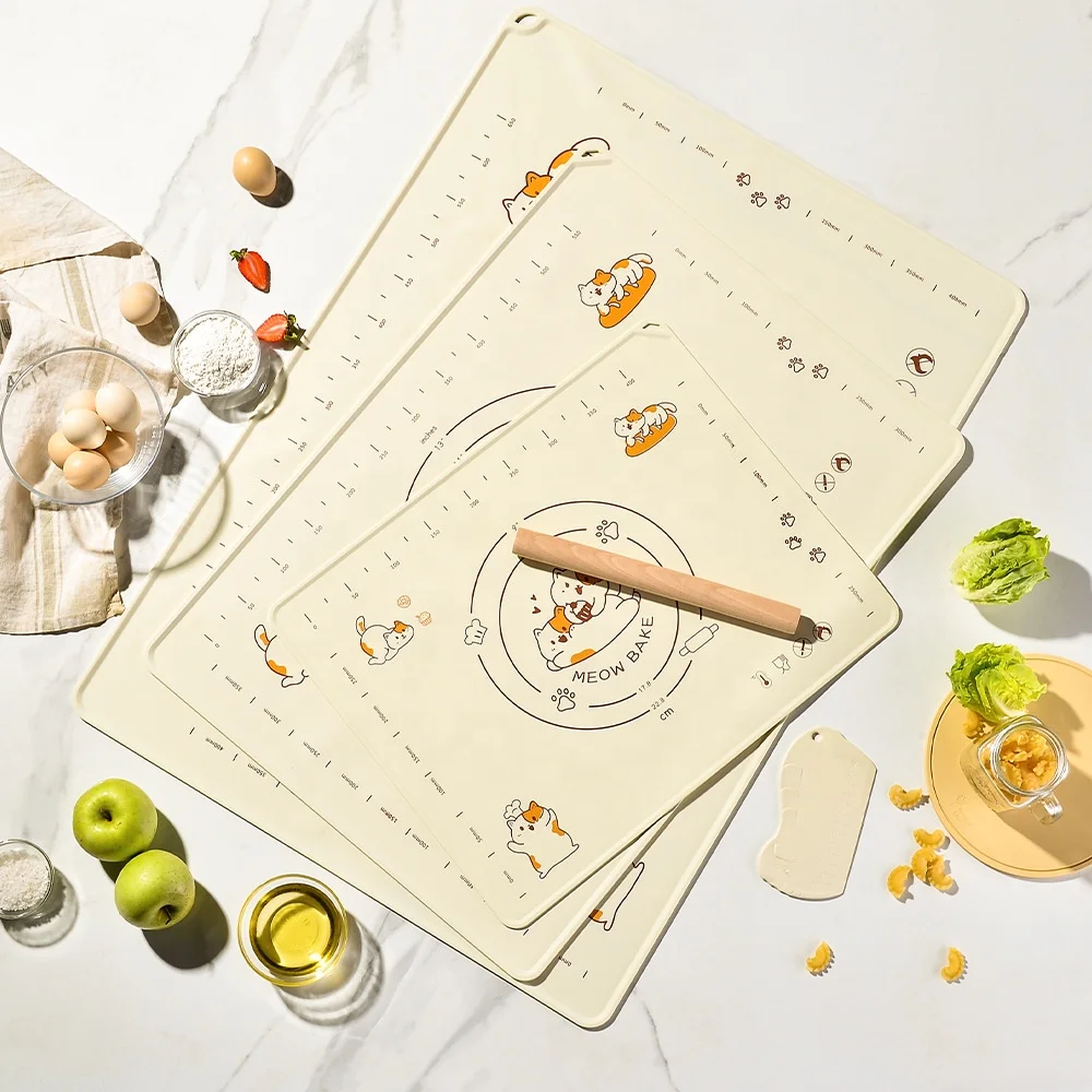 YJ Wonderful Custom Liquid Silicone Non-Stick Dough Rolling Mat three piece set with scraper and rolling pin cartoon cat pad