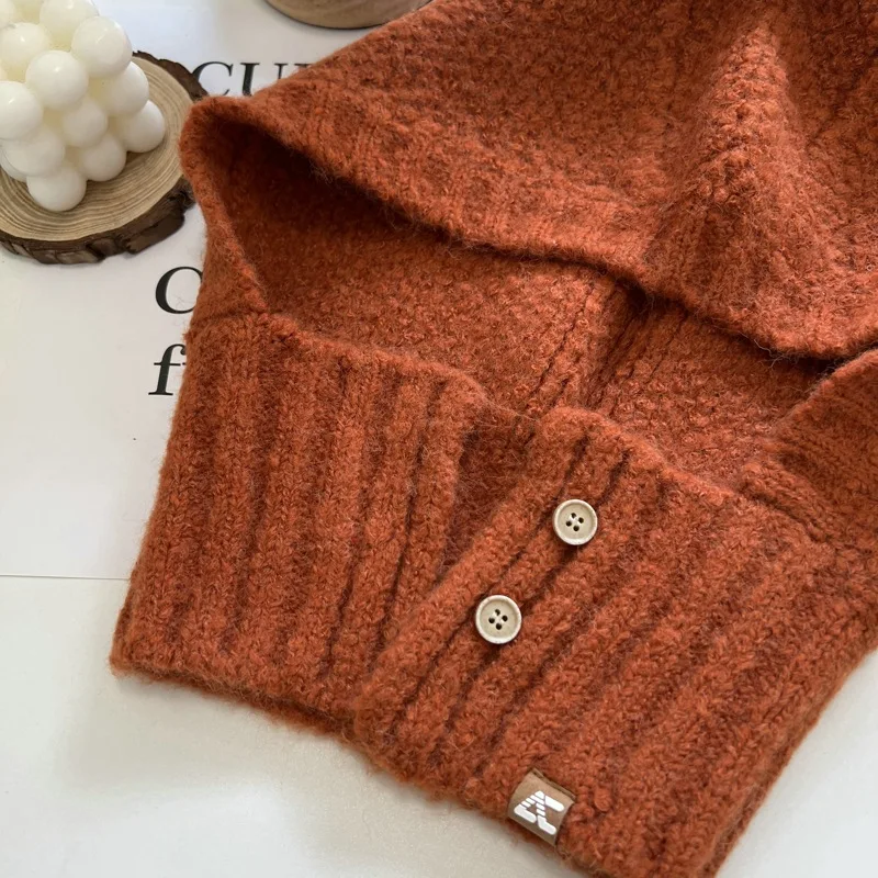 Girl Cute Knitted Balaclava Windproof Hooded Scarf Hat Winter Warm Beanies Hat Outdoor Sports Skull Cap for Women