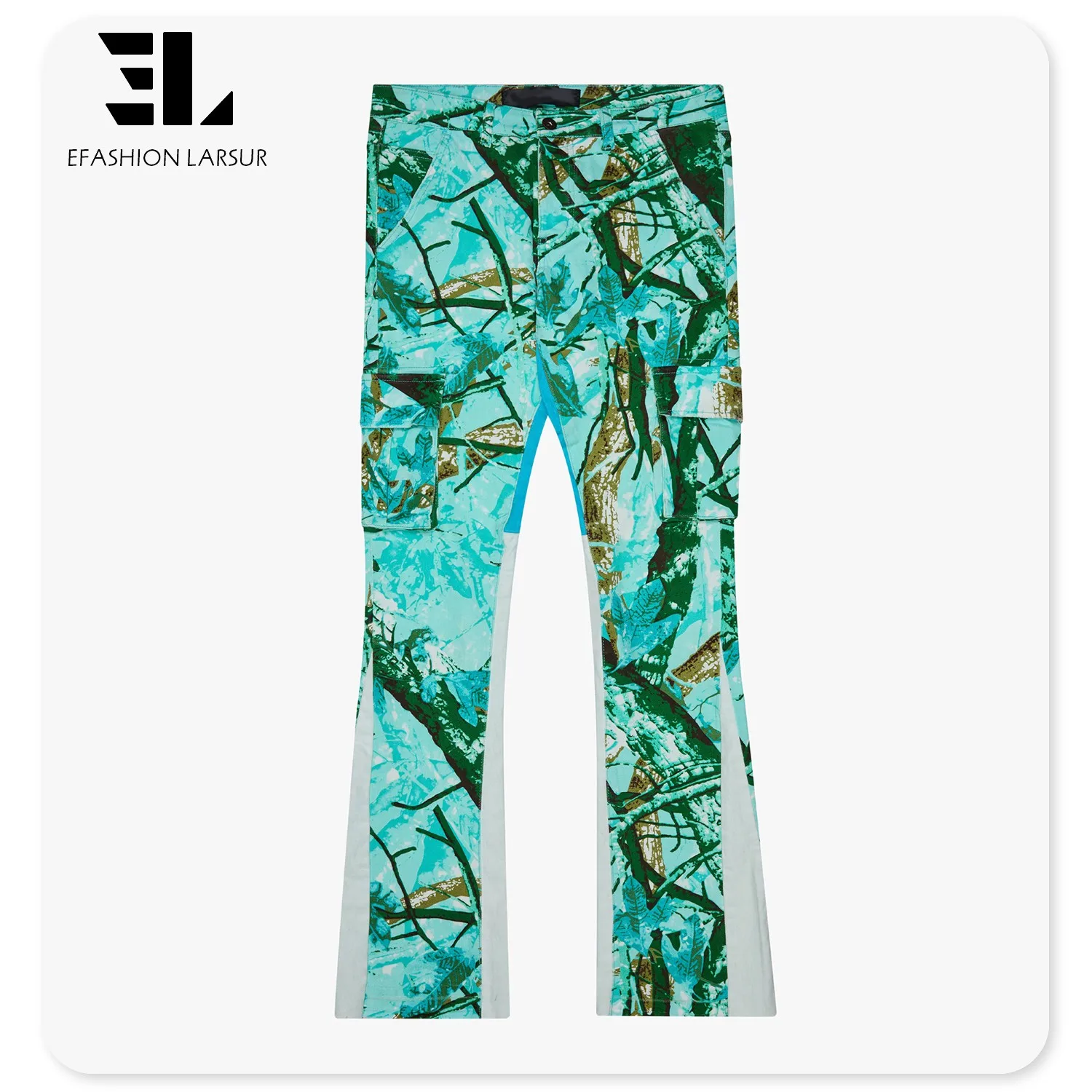 LARSUR Custom denim factory twill full print tree camo pants slim cargo flare jeans men camouflage denim carpenter pants for men