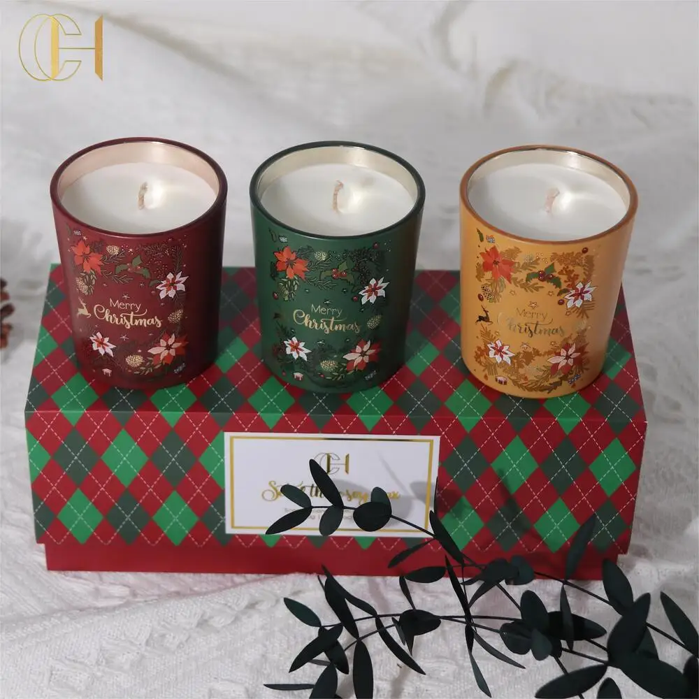C&H Hot Sell Handmade Relaxing Christmas Gift Set Glass Red Green Fragrance Luxury Amethyst Soy Wax Scented Crystal Candles