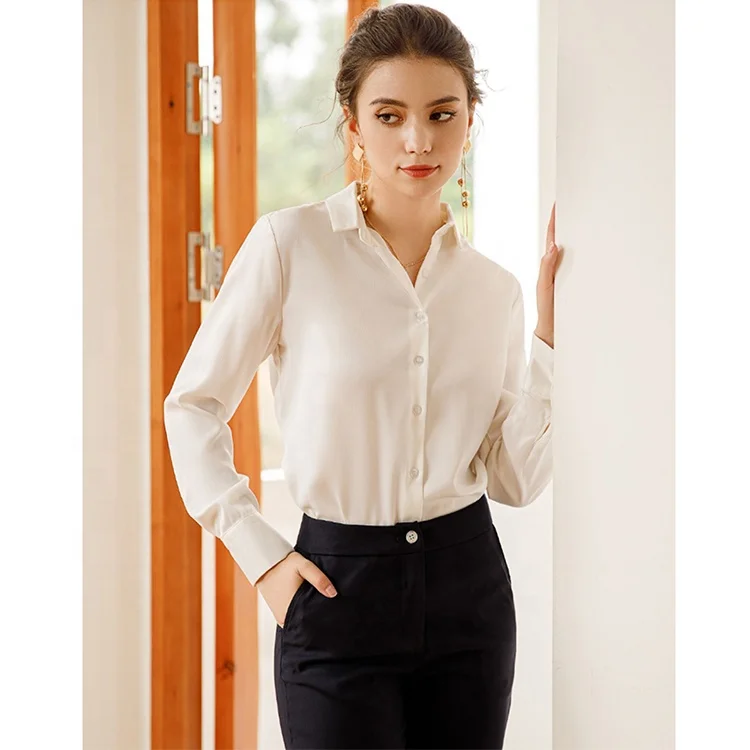 Classical Korean Good Quality Reasonable Wholesale Price Women Formal Designs Office Tops with Pants Long Sleeve Blouse