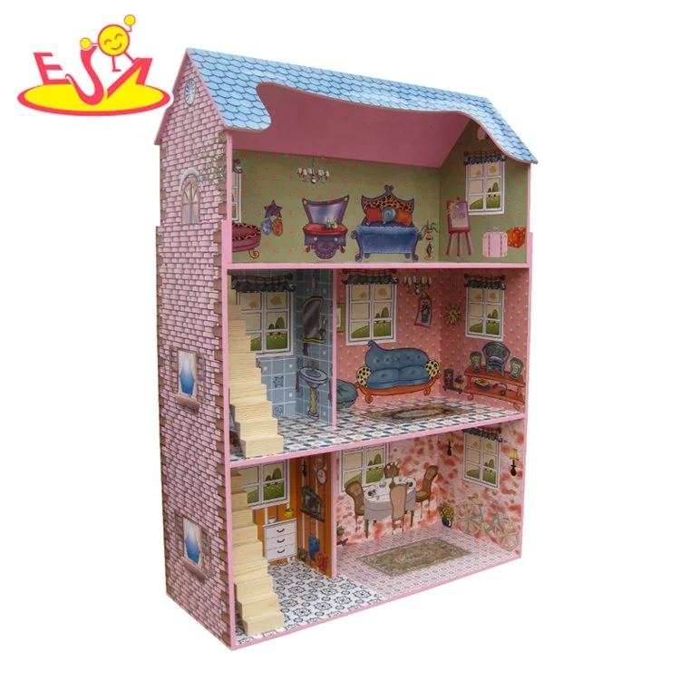 
Hot selling role play pink wooden doll dream house for kids W06A407 