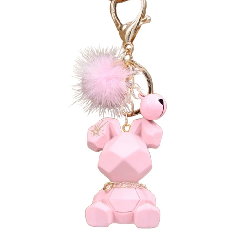 Cute Little Rabbit Bell Fur Ball Keychain Cartoon Rubber 3D Anime Geometric Rabbit Keychains Bag pendant Car keychain Small Gift