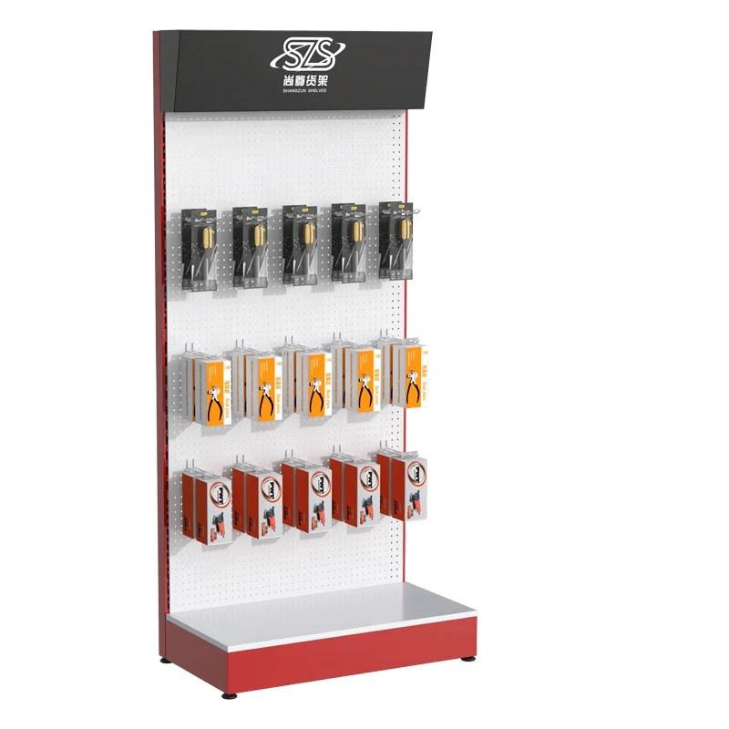 supermarket metal advertising display shelves hardware tools hanging pegboard stand display racks