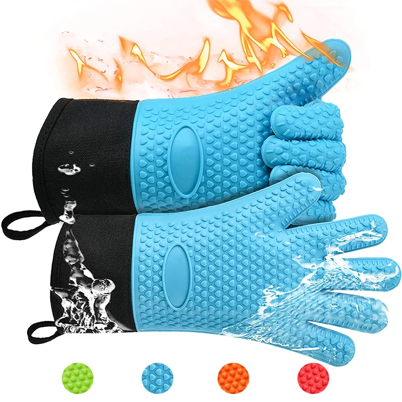 BBQ Gloves Heat Resistant Silicone Non-Slip Fireproof Cooking Baking Barbecue Quilted Liner Silicone Oven Mitts Kitchen