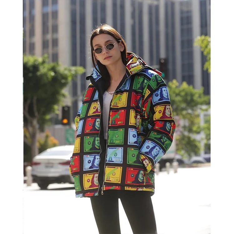 
2021 New Style Wholesale Hat Detachable Color Dollar Bill Printing Coat Hooded Down Jacket Winter Coat For Women With Best Price 