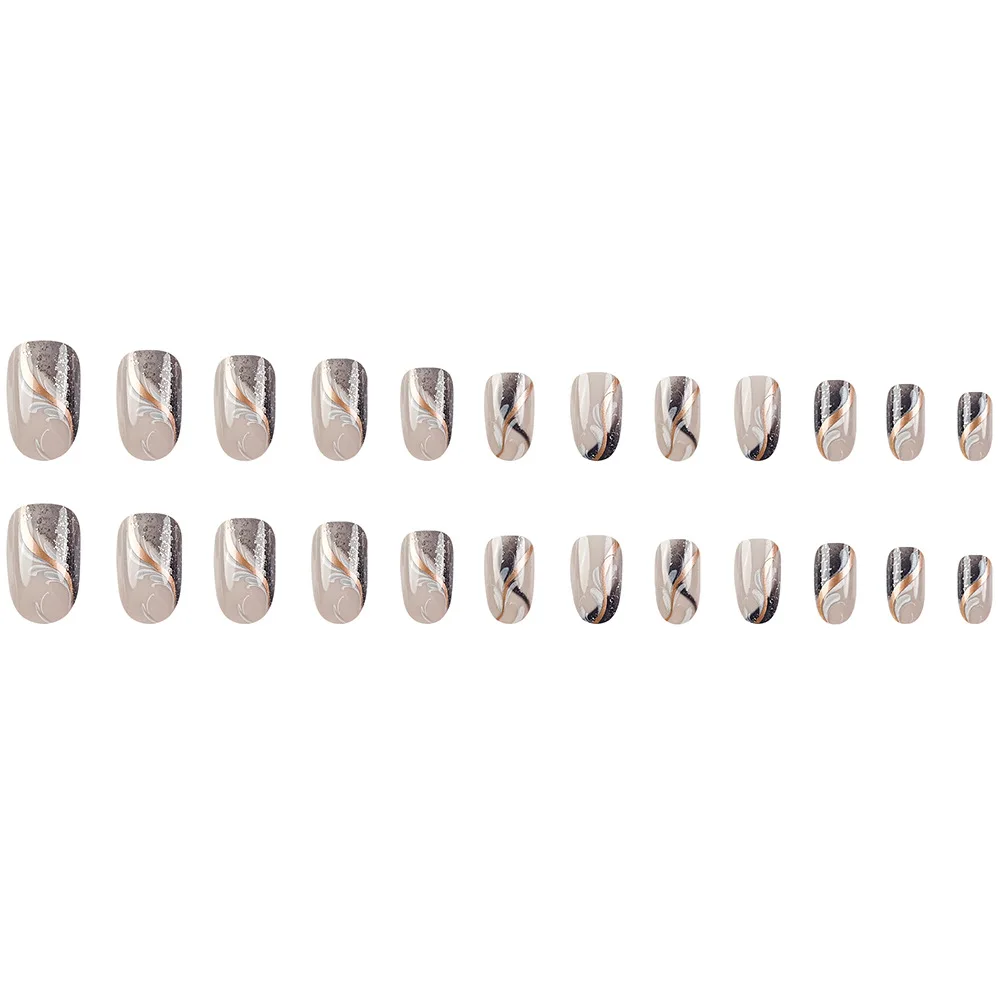 Ms.Miemie 24-Piece French Short Oval Silver wave minimalist design, detachable and reusable artificial nails