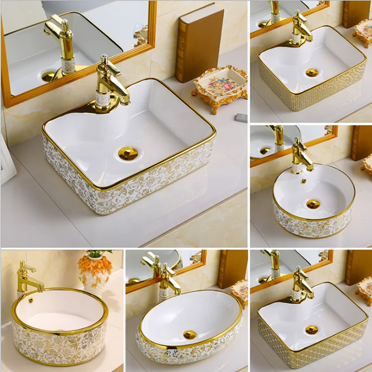 Круглая круглая раковина Chaozhou для ванной комнаты с отверстием для крана Роскошная позолоченная Гальваническая раковина