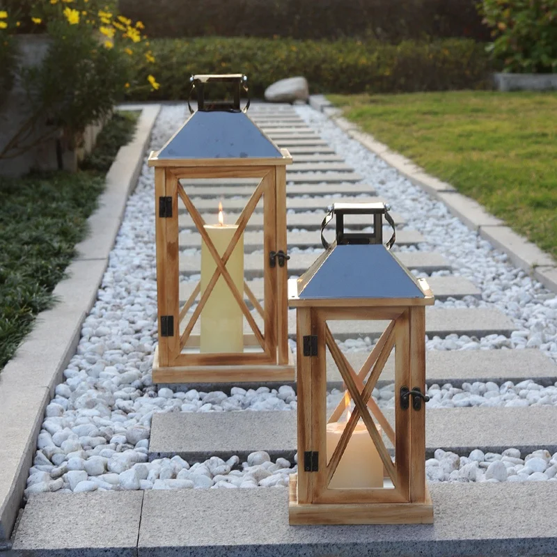 Wooden Lantern With Metal Top For Candle Home and Garden Lantern With handle for Wedding And Home Decor Courtyard Candle Lantern