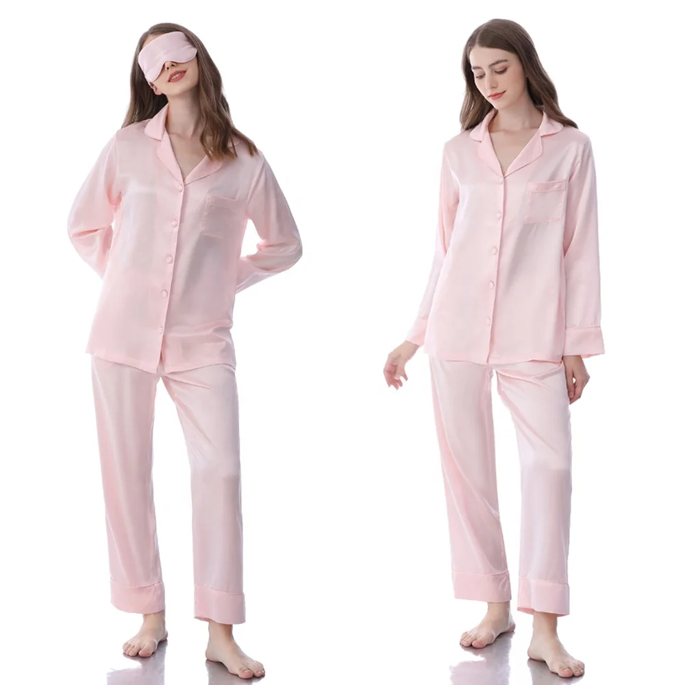 Women 22 Momme 100% Silk Shirt and Pants 2 pcs Pajamas Long Set with Cloth Button and Piping