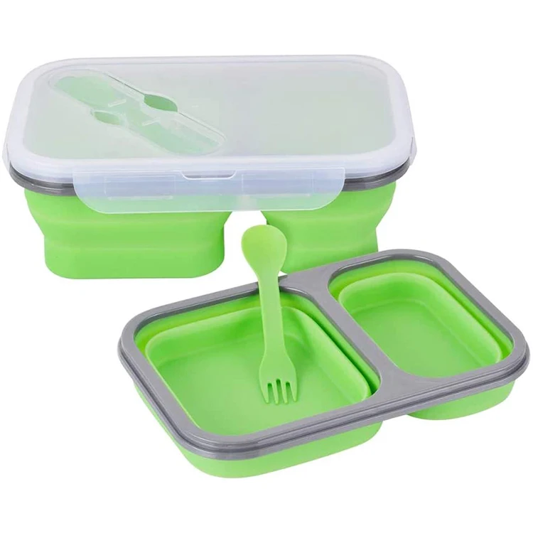 Use in microwave refrigerator Leak-proof collapsible silicone lunch box with compartments and acutlery