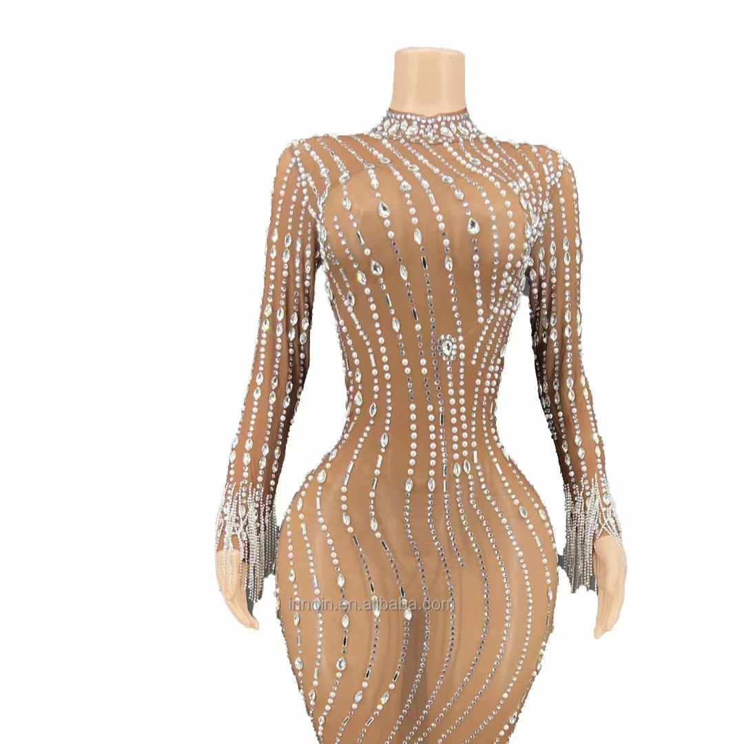 INNOIN Shining Rhinestone Tassel Dance Costume Sexy Women Elastic Mesh Net Perspective Crystal Dress Singer Dancer Stage Wear O