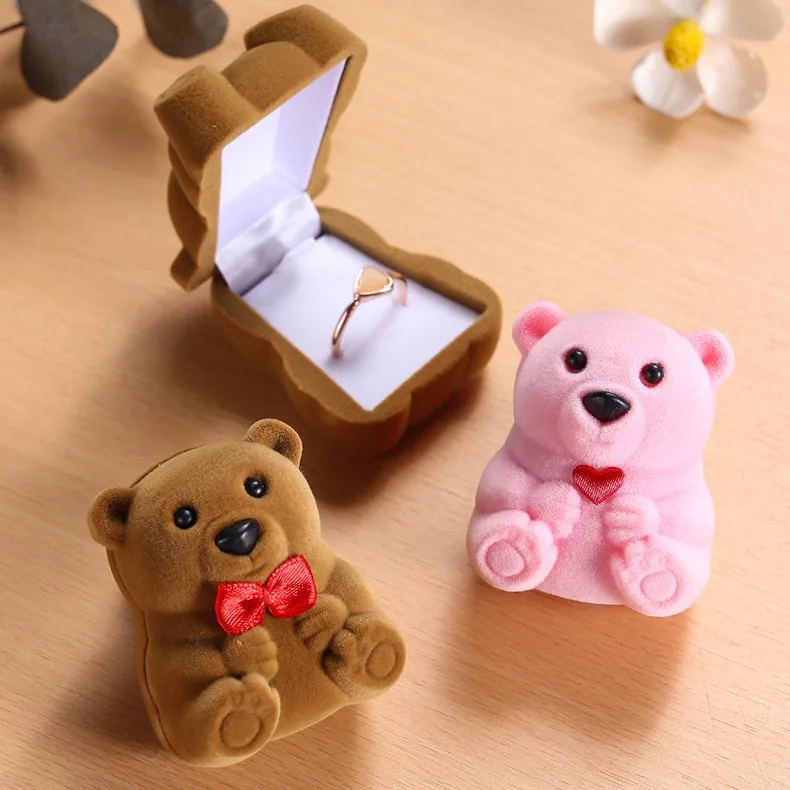 Cute Little Bear Ring Box Velvet Earring Jewelry Box Display Storage Case Gift Box for Proposal Engagement Wedding