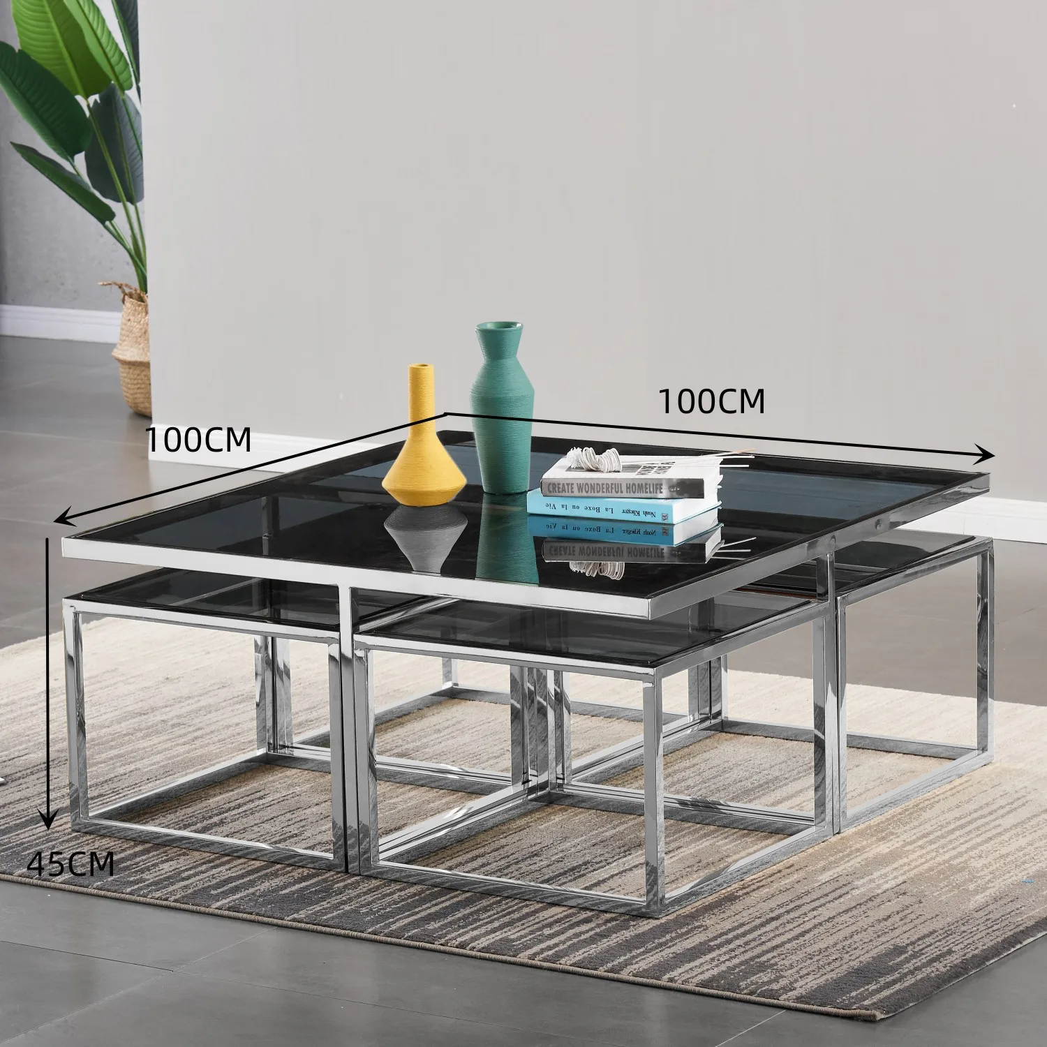 MODERN grey black glass nesting 4 coffee table set silver stainless steel center table for home living room furniture