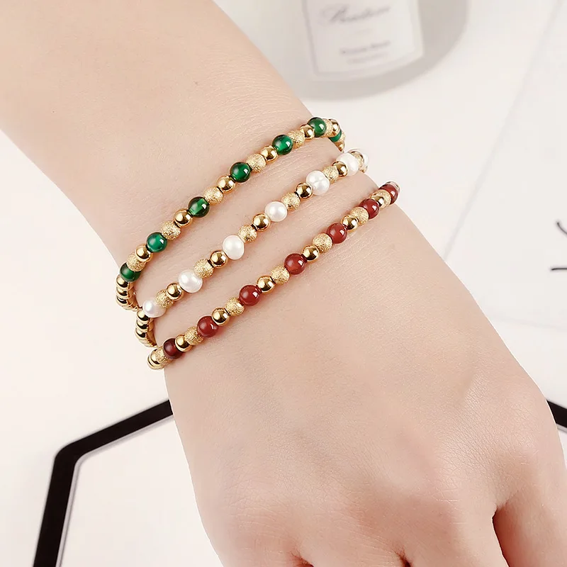 4MM Fashion Waterproof Stainless Steel 18K Gold Plated Bracelet Natural Agate Stone Elastic Bracelet For Women