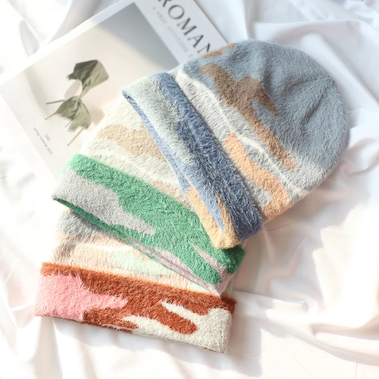 heavy custom beanie manufacturer cream knitted jacquard beanie with fur faux fur knit hats mohair beanie