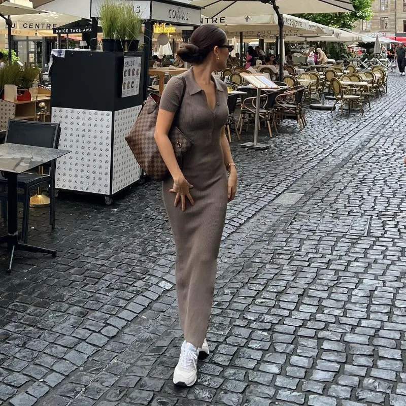 Y45142 new casual rib knit polo neck women long dresses