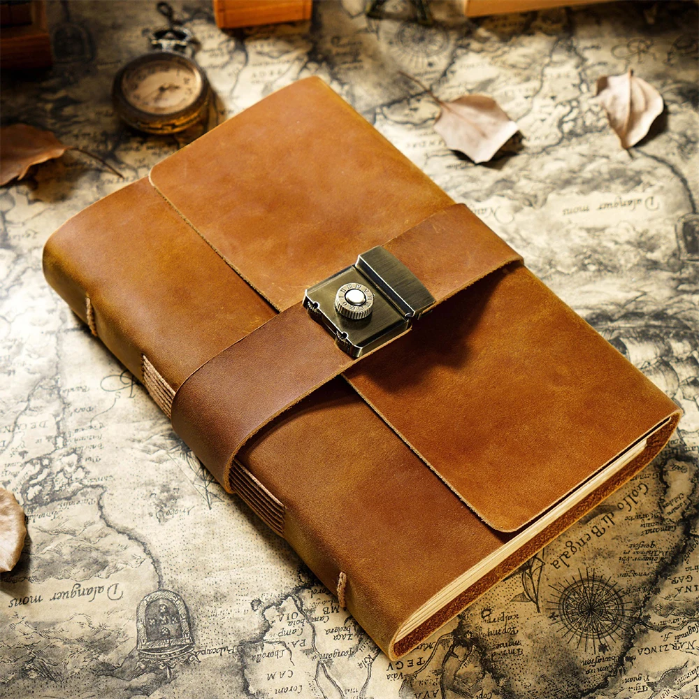 Vintage Genuine Leather Diary Hand Ledger Combination Lock Stationery Gifts Top Layer Cowhide Notebook Business Journals Custom