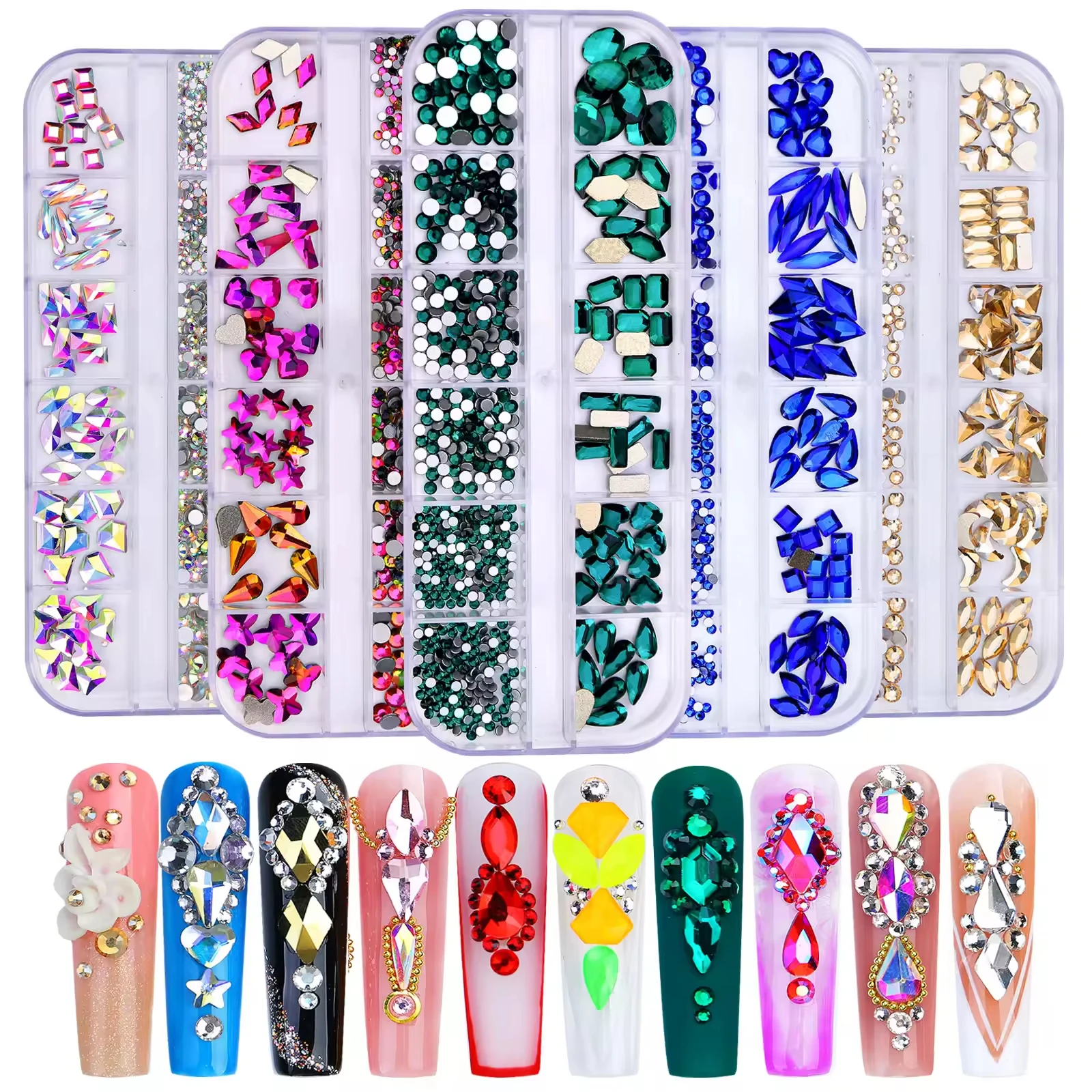 B9 Wholesale 12 Grid Flatback nail rhinestone Multicolor Various shaped Nail Art Rhinestones for DIY press on tips