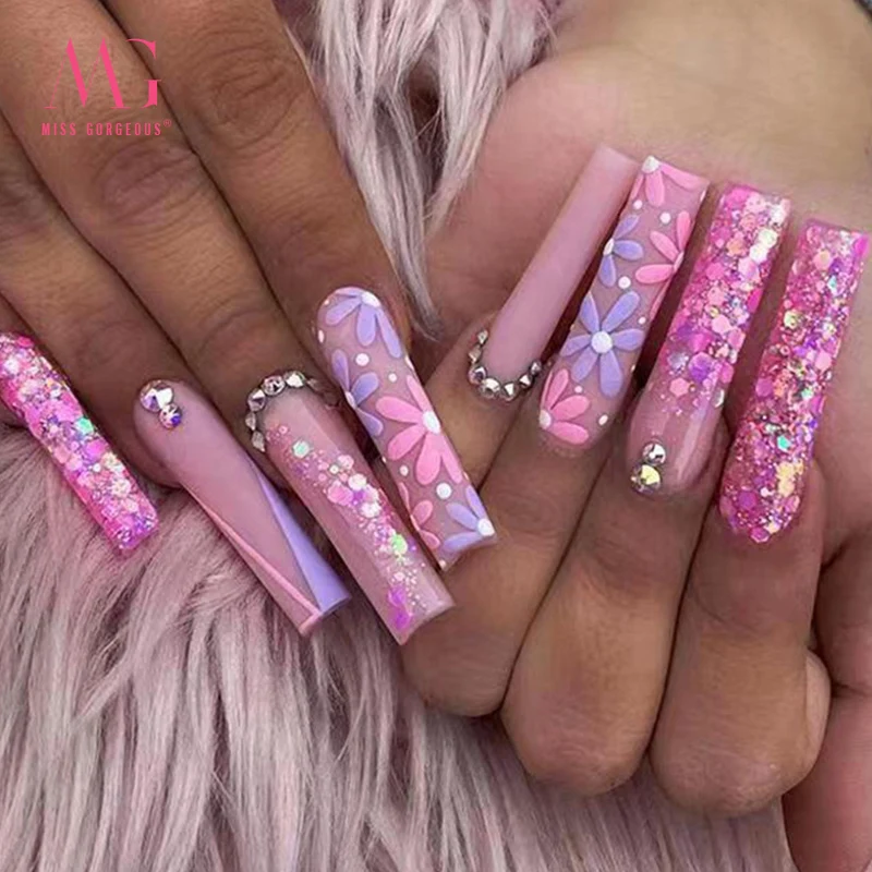 MG 24pcs Many Designs New Diamond Full Nail Tip Press On Nails Private Label Coffin Artificial Fingernails Tips For Women