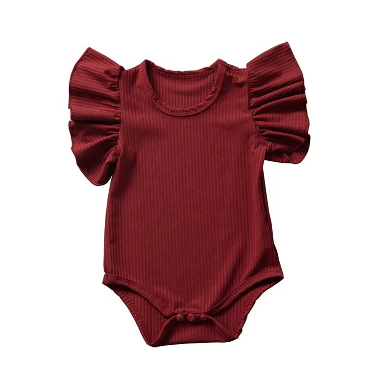 Summer Wholesale Cheap Ribbed Cotton Baby Clothes Best Selling Infant Romper Bodysuit for Baby Girls with Ruffle Sleeves