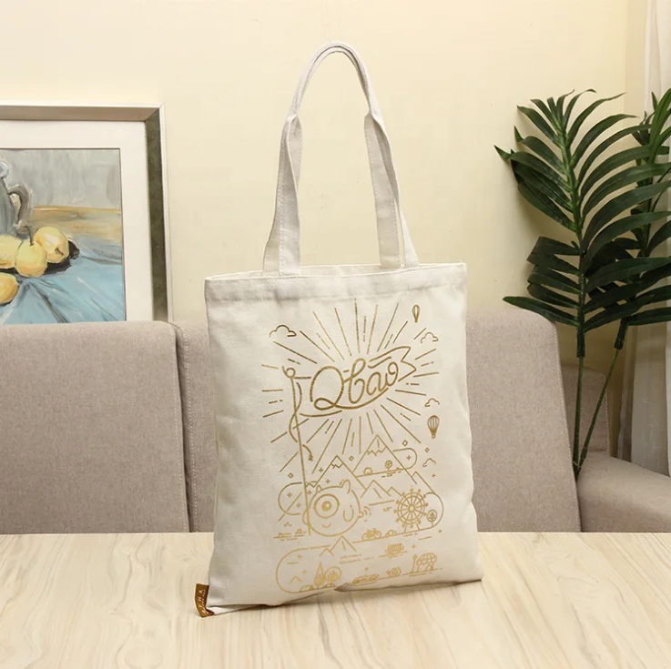 Eco- friendly custom gold foil stamp logo recyclable cotton canvas carry bag