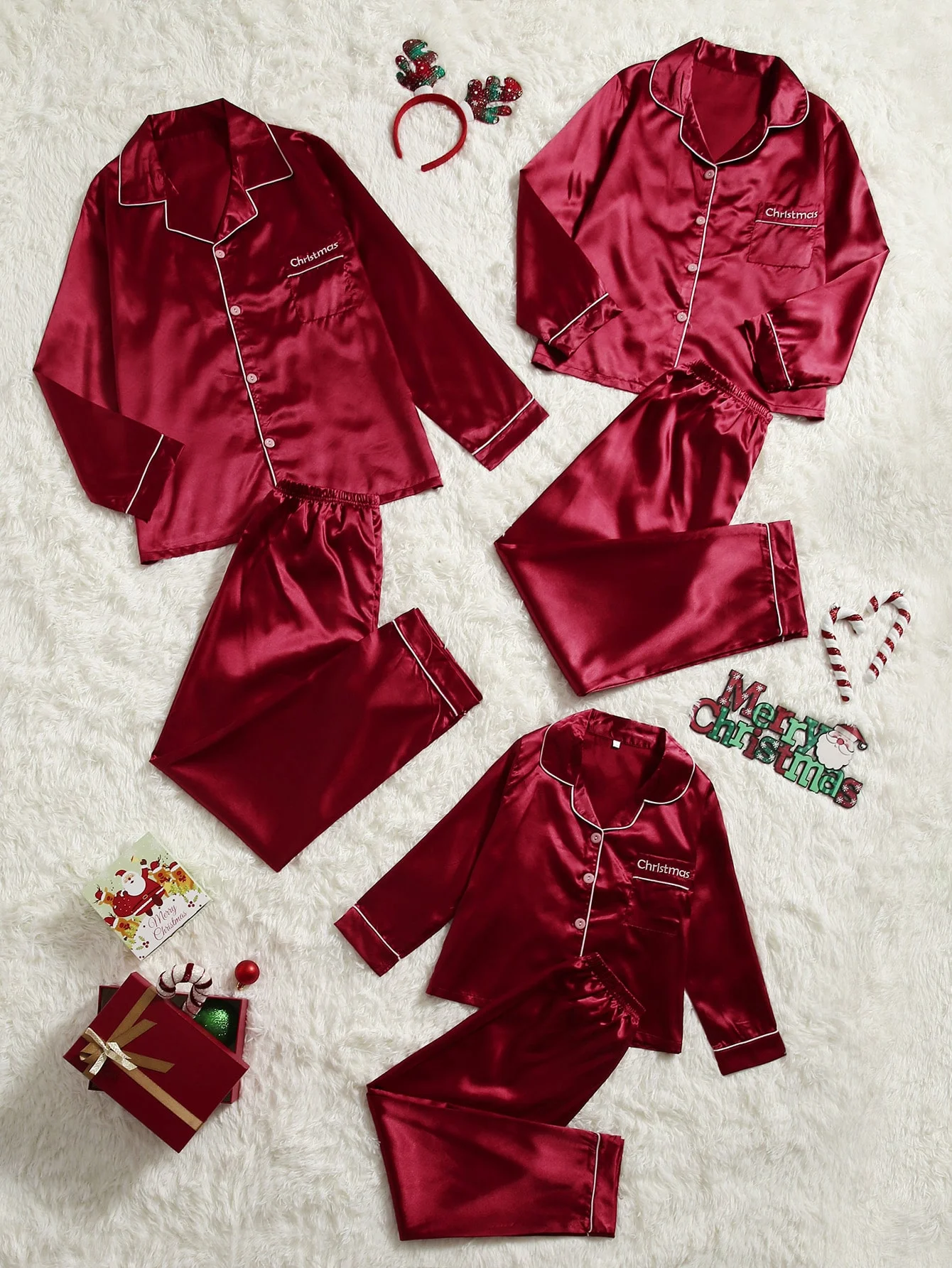 Factory Wholesales Christmas Women Satin Long Pajamas Set Two Pieces Silk Sleeve Logo Embroidery
