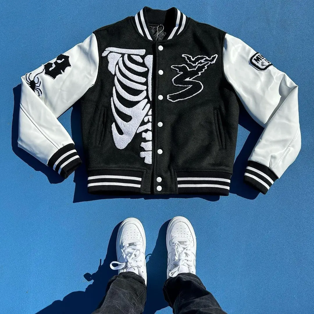 Distressed Embroidery Varsity Jacket White And Blue College Basketball Jacket White Winter Leather Jacket For Men