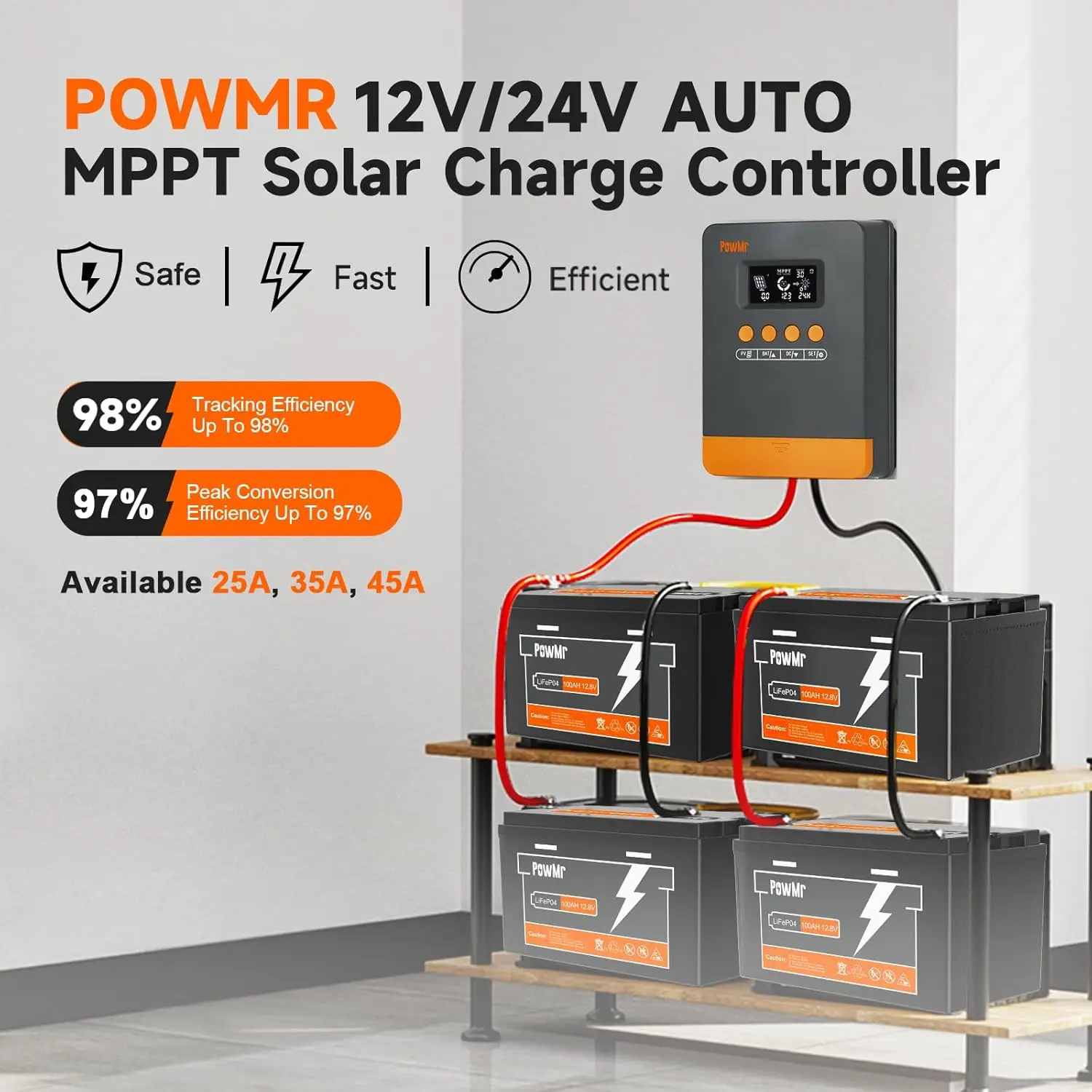 PowMr Solar Charge controller 25A 35A 45A 12V/24V AUTO MPPT LCD Display PV Panel Battery Solar Charge Controller