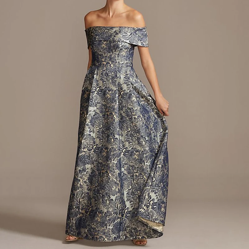 Weixin High Quality Women Clothing Off The Shoulder Fold Floral Jacquard Gown Evening Dress