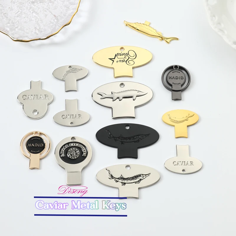 Custom Small Metal Caviar Keys Brand Engraving Fish Zinc Alloy Gold Can Accessories Metal Opener