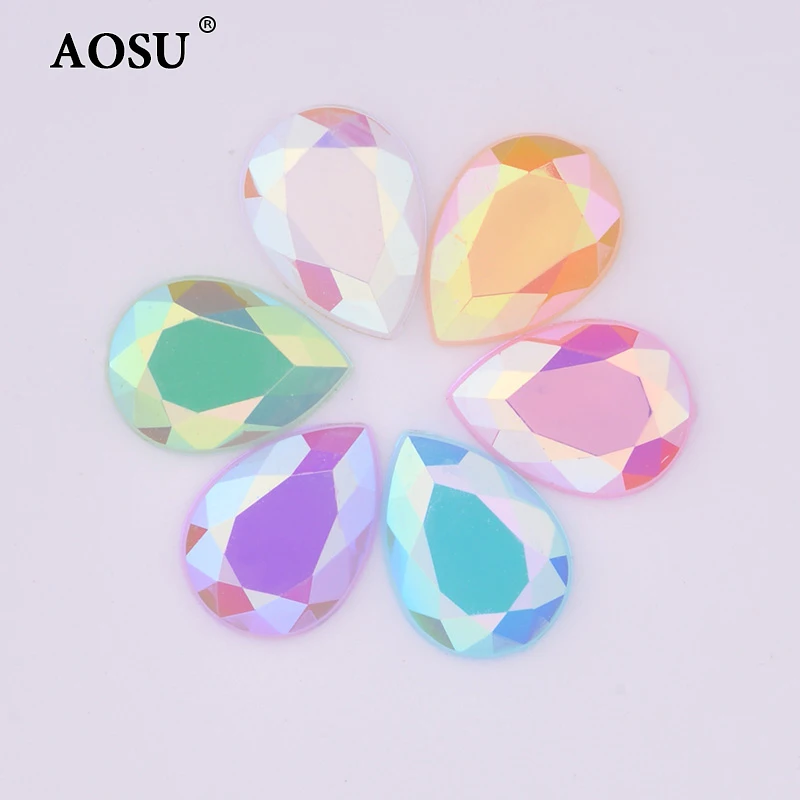 AOSU 13*18mm Acrylic Drop Stones Aquamarine AB Flatback Strass Neon Non Hotfix Crystals For Craft