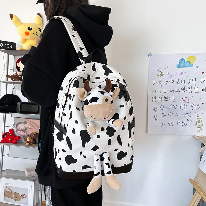 
Cow Pattern Backpack Girl Japanese Sweet And Cute Girl Junior High School Students Large Capacity School Bag Women 