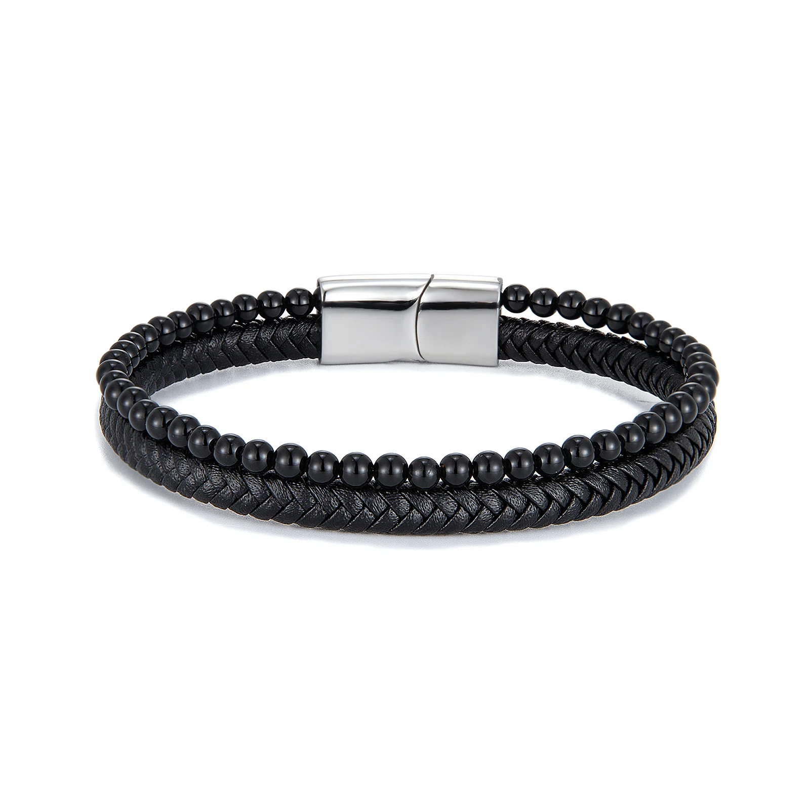 Wholesale Fashion Simple Punk Wristband Bangle Accessories Leather Bead Stainless Steel Bracelet Man Jewelry