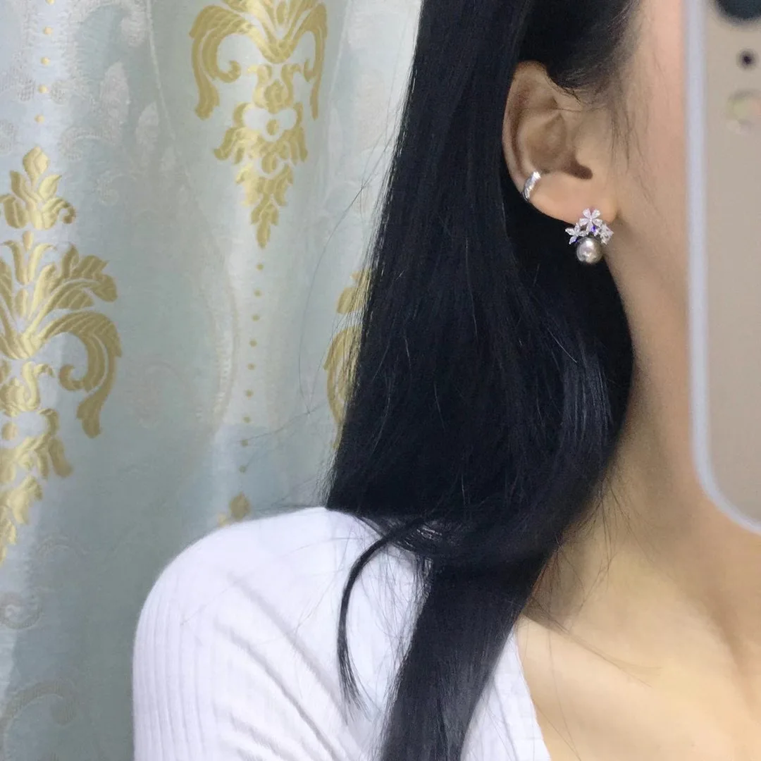 8mm Generous Black Tahiti Pearls Round Shape Freshwater Artificial Zircon Jewelry Pearl Earrings  Elegant